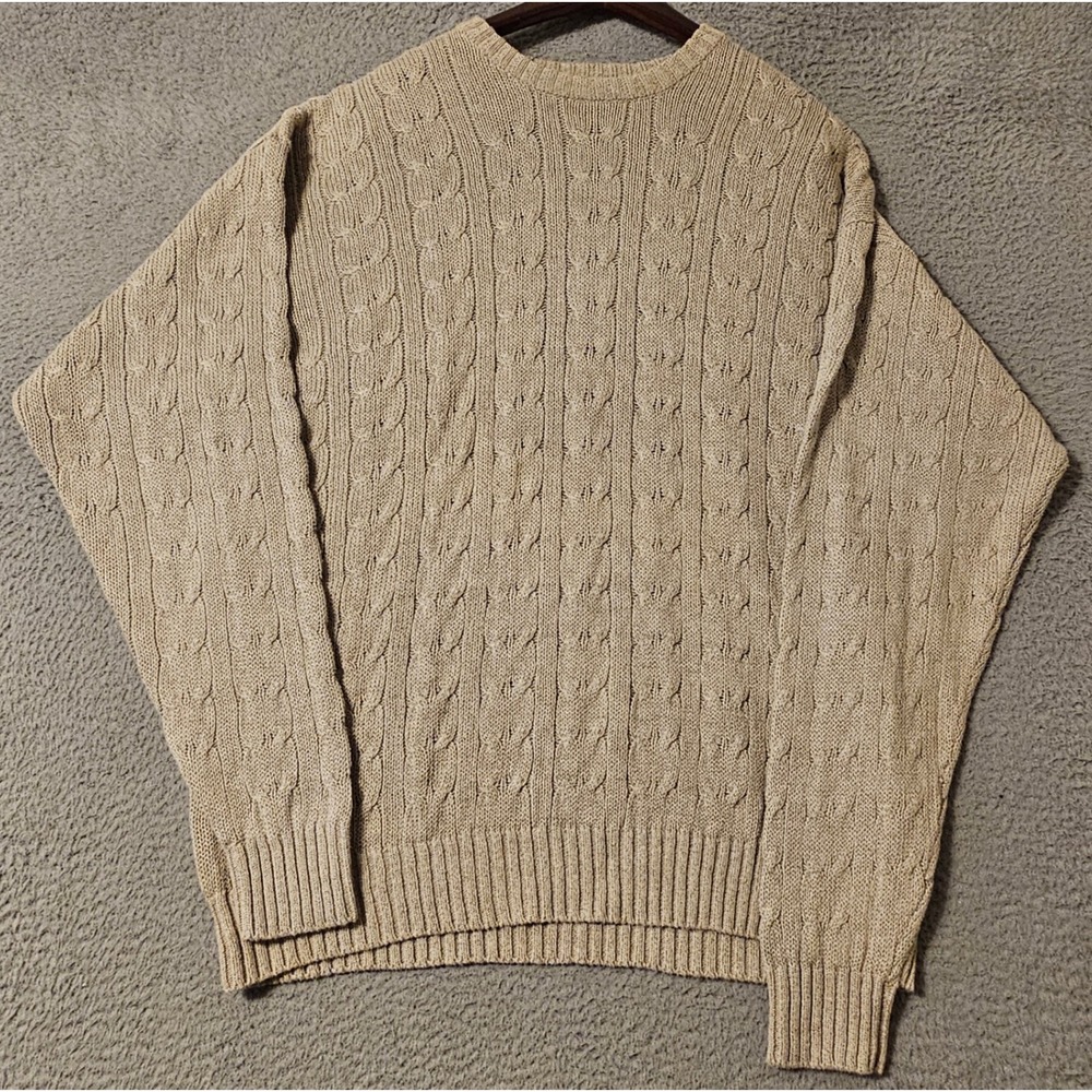 Brooks Brothers Mens Large Linen Cotton Cable Knit Crewneck Sweater Tan Beige